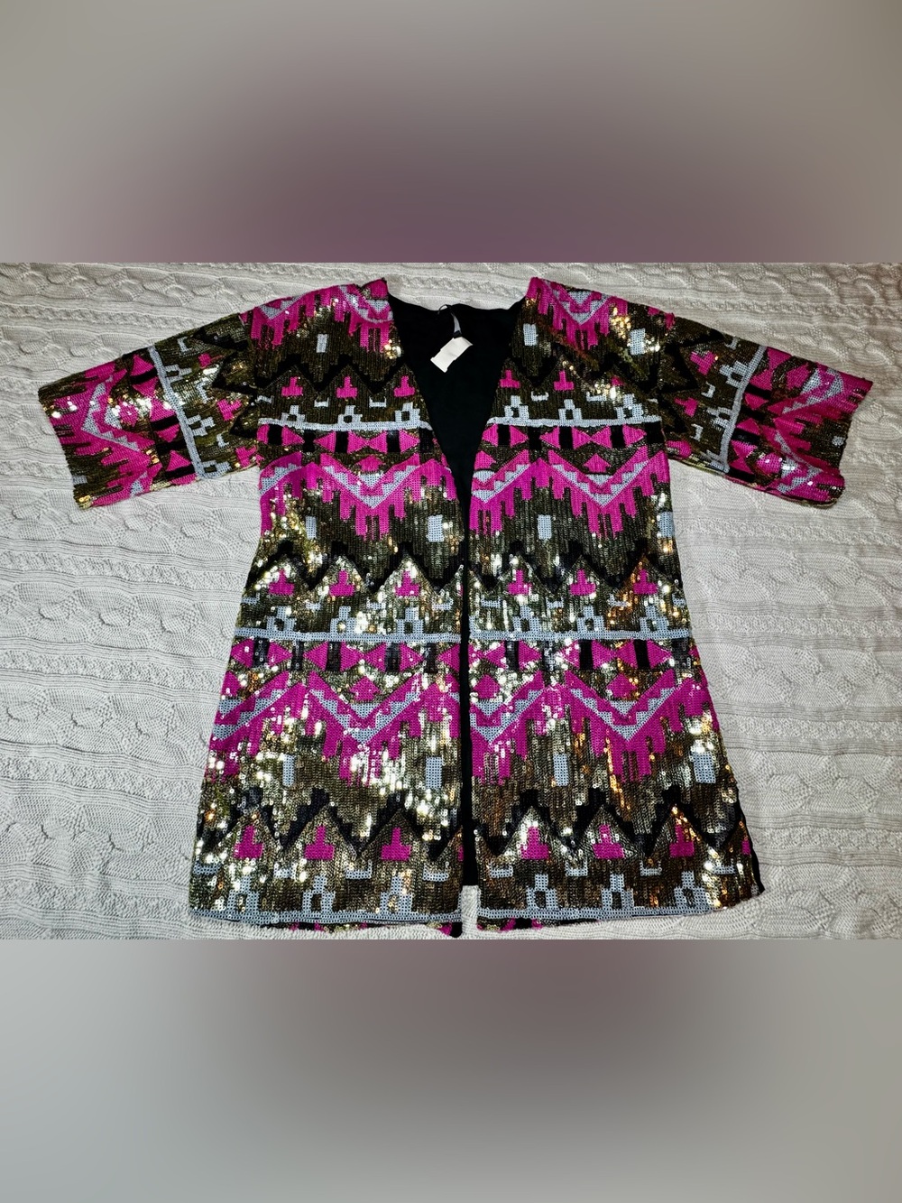 Ella Blue Sequin Aztec Open Front Kimono - Pink, Gold, Black #1670